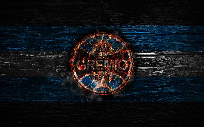 Gremio FC, yangın logo, mavi ve siyah &#231;izgiler, Brezilya Serie A, futbol, grunge, Brezilyalı Futbol Kul&#252;b&#252;, logo, Gremio FBPA, ahşap doku, Brezilya, FC Gremio