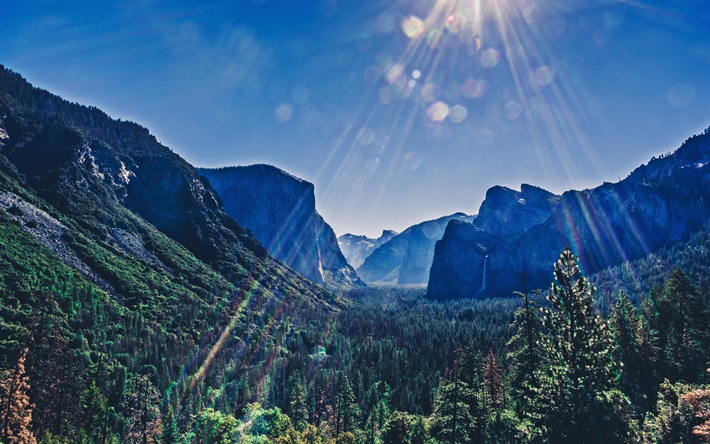 4k, Yosemite Valley, HDR, summer, american landmarks, mountains, Yosemite National Park, forest, Sierra Nevada, America, USA