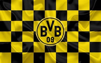 Borussia Dortmund, BVB, 4k, logo, creative art, yellow black checkered flag, German football club, Bundesliga, emblem, silk texture, Dortmund, Germany, football