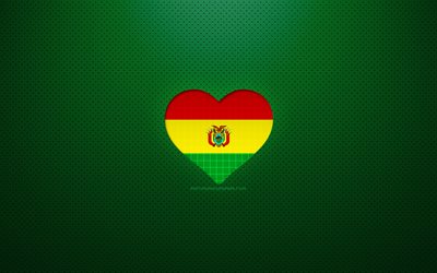 Bolivya&#39;yı Seviyorum, 4k, G&#252;ney Amerika &#252;lkeleri, yeşil noktalı arka plan, Bolivya bayrağı kalp, Bolivya, favori &#252;lkeler, Bolivya seviyorum, Bolivya bayrağı