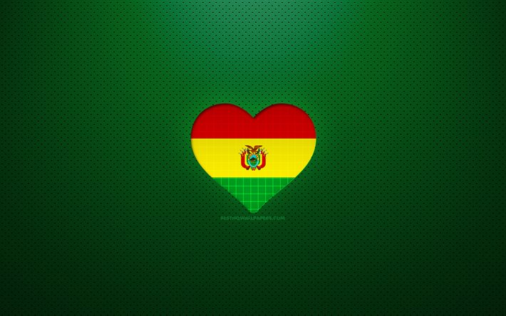 Amo la Bolivia, 4k, paesi sudamericani, sfondo verde punteggiato, cuore bandiera boliviana, Bolivia, paesi preferiti, amore Bolivia, bandiera boliviana