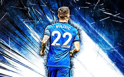 4k, Christian Pulisic, grunge art, back view, Chelsea FC, american footballers, blue abstract rays, soccer, Christian Mate Pulisic, Premier League, Christian Pulisic 4K, Christian Pulisic Chelsea