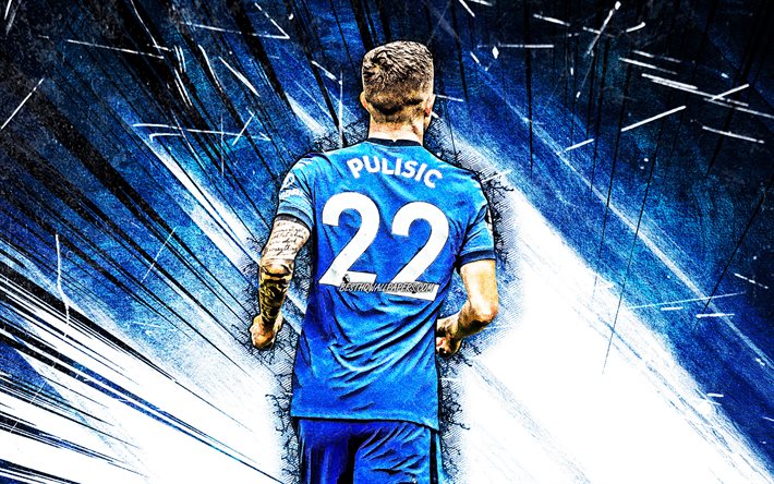4k, Christian Pulisic, grunge art, back view, Chelsea FC, american footballers, blue abstract rays, soccer, Christian Mate Pulisic, Premier League, Christian Pulisic 4K, Christian Pulisic Chelsea