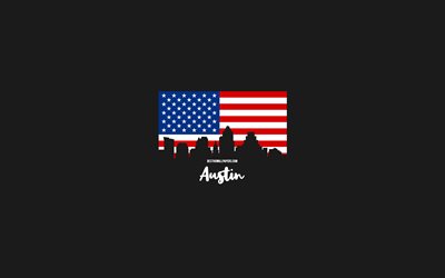 Austin, amerikansk stad, Austin silhuetthorisont, USA-flagga, Austin stadsbild, Amerikansk flagga, USA, Austin horisont