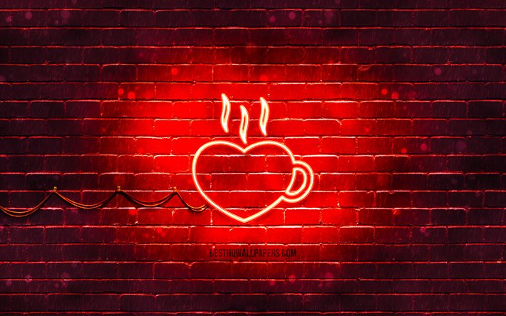 Icona al neon della tazza del cuore, 4K, sfondo rosso, simboli al neon, tazza del cuore, icone al neon, segno della tazza del cuore, segni di cibo, icona della tazza del cuore, icone dell&#39;alimento
