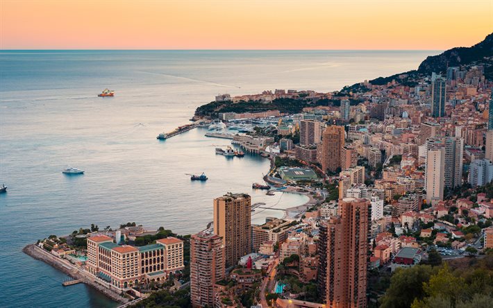 Monte Carlo, manh&#227;, nascer do sol, paisagem urbana de Monte Carlo, mar Mediterr&#226;neo, M&#244;naco