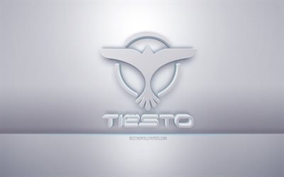 Tiesto 3d beyaz logo, gri arka plan, Tiesto logosu, yaratıcı 3d sanat, Tiesto, 3d amblem