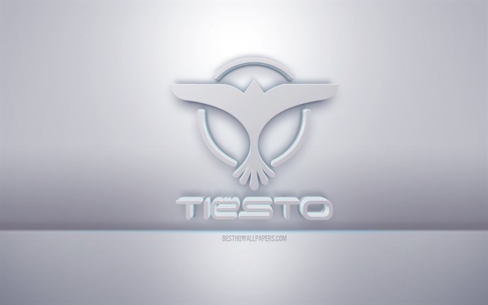 Logotipo 3D branco Tiesto, fundo cinza, logotipo Tiesto, arte criativa em 3D, Tiesto, emblema 3D