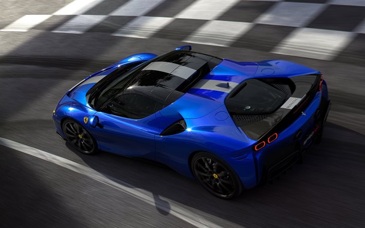 2021, Ferrari SF90 Spider, 4k, top view, exterior, blue convertible, new blue SF90 Spider, supercar, italian sports cars, Ferrari