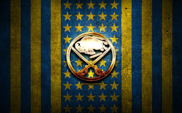 バッファローセイバーズの旗, NHL, 青黄色の金属の背景, アメリカのホッケーチーム, バッファローセイバーズのロゴ, 米国, ホッケー, 黄金のロゴ, バッファローセイバーズ