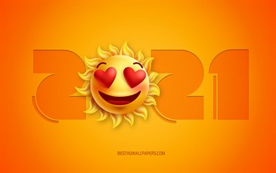 2021 New Year, 4k, 3d love emotion icon, Yellow 2021 background, 2021 3d background, 2021 concepts, Happy New Year 2021, 2021 Love background