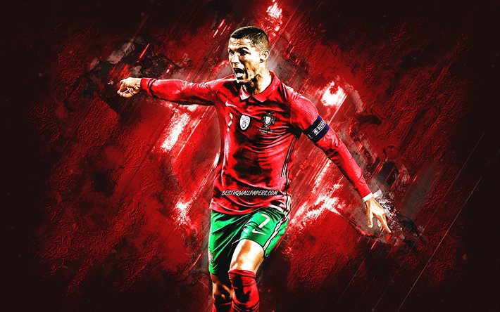 Cristiano Ronaldo, CR7, portugalilainen jalkapalloilija, muotokuva, Portugalin jalkapallomaajoukkue, punainen kivi tausta, jalkapallo