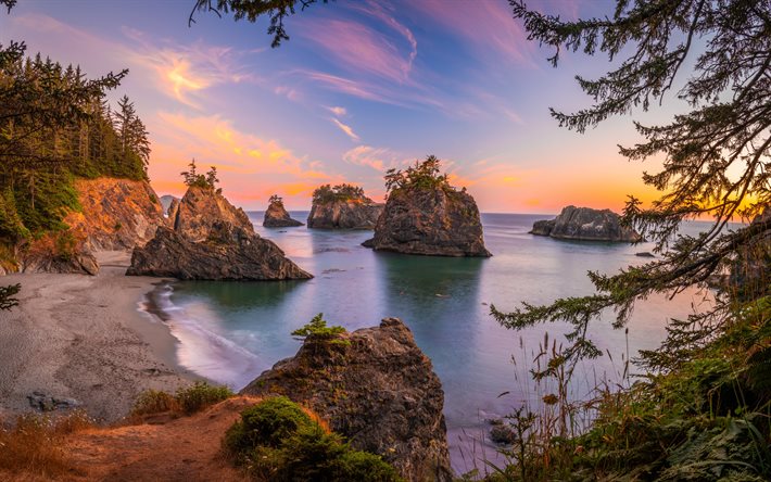 bonsoir, sunset, 海岸, Rocks (岩), 海, California, 米国, 海の海岸