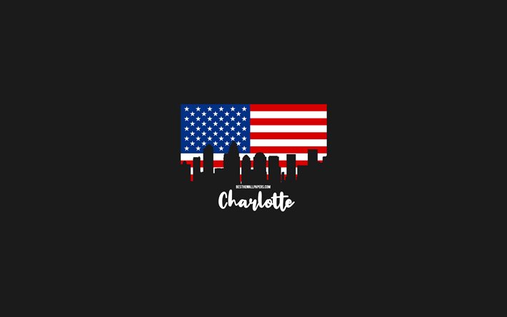 シャーロット, アメリカの都市, シャーロットのシルエットのスカイライン, アメリカの国旗, シャーロットの街並み, アメリカ合衆国の国旗, 米国, シャーロットのスカイライン