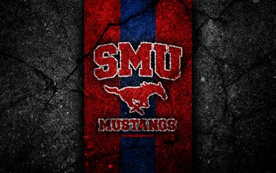 SMU Mustangs, 4k, american football team, NCAA, red blue stone, USA, asphalt texture, american football, SMU Mustangs logo