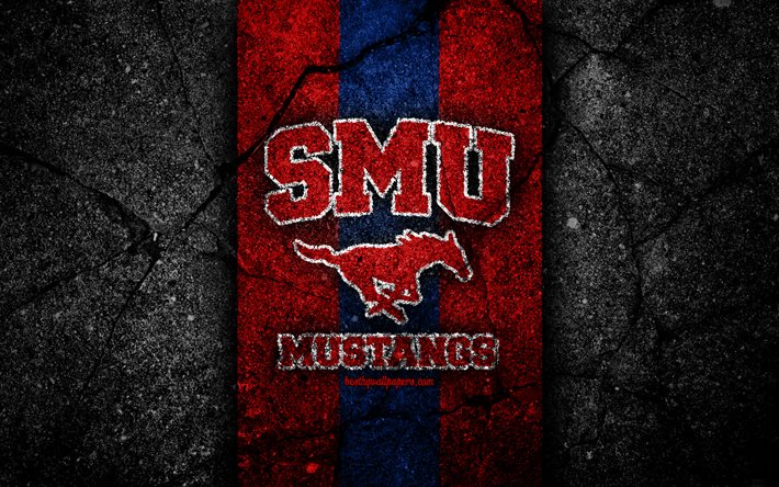 SMU Mustangs, 4k, time de futebol americano, NCAA, pedra azul vermelha, EUA, textura de asfalto, futebol americano, logotipo SMU Mustangs