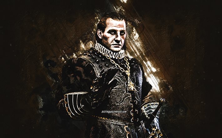Morvran Voorhis, The Witcher, brown stone background, portrait, Imperator of the Nilfgaardian Empire, Witcher characters