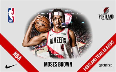 Moses Brown, Portland Trail Blazers, American Basketball Player, NBA, portrait, USA, basketball, Moda Center, Portland Trail Blazers logo