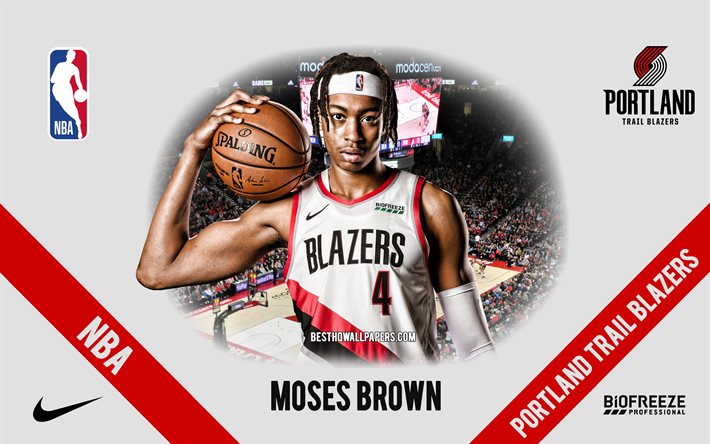 Moses Brown, Portland Trail Blazers, joueur de basket-ball am&#233;ricain, NBA, portrait, USA, basket-ball, Moda Center, logo Portland Trail Blazers