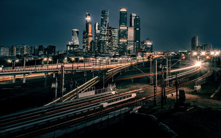 Cidade de Moscou, noite, arranha-c&#233;us, edif&#237;cios modernos, Moscou, centros de neg&#243;cios, Federa&#231;&#227;o Russa, horizonte de Moscou, R&#250;ssia