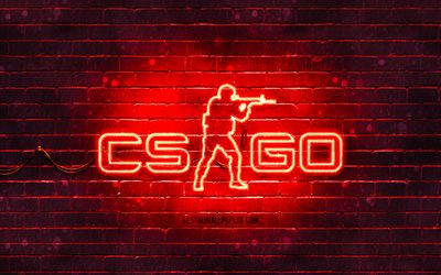 CS Go red logo, 4k, red brickwall, Counter-Strike, CS Go logo, 2020 games, CS Go neon logo, CS Go, Counter-Strike Global Offensive