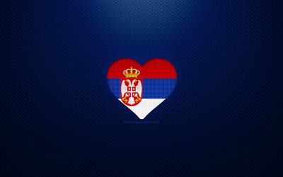 Sırbistan&#39;ı Seviyorum, 4k, Avrupa, mavi noktalı arka plan, Sırp bayrak kalbi, Sırbistan, favori &#252;lkeler, Sırp bayrağı