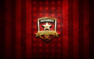 サクラメントリパブリックの旗, USL, 赤い金属の背景, アメリカのサッカークラブ, サクラメントリパブリックのロゴ, 米国, サッカー, サクラメントリパブリックFC, 黄金のロゴ