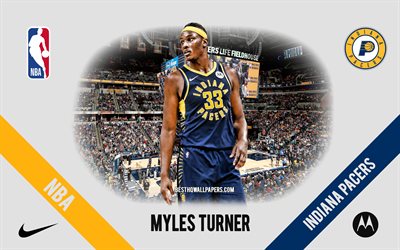 Myles Turner, Indiana Pacers, jogador de basquete americano, NBA, retrato, EUA, basquete, Bankers Life Fieldhouse, logotipo do Indiana Pacers