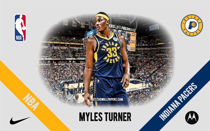 Myles Turner, Indiana Pacers, giocatore di basket americano, NBA, ritratto, USA, basket, Bankers Life Fieldhouse, logo Indiana Pacers