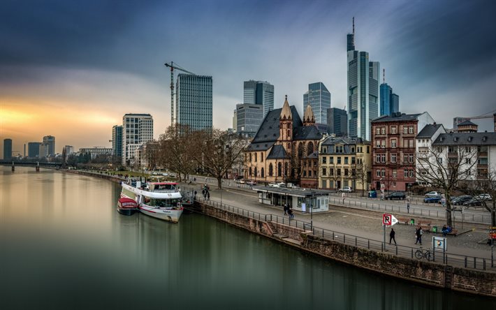 Main Tower, Frankfurt am Main, Main nehri, Innenstadt, akşam, g&#252;n batımı, g&#246;kdelenler, modern binalar, Frankfurt, Almanya