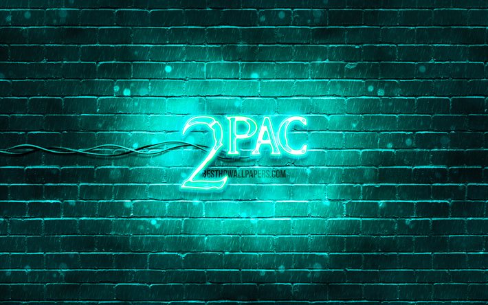 Logo turchese 2pac, 4k, superstar, rapper americano, brickwall turchese, logo 2pac, Tupac Amaru Shakur, 2pac, star della musica, logo neon 2pac