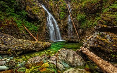 mountain waterfall, lake, rocks, forest, green lake, Canada, Canadian waterfalls