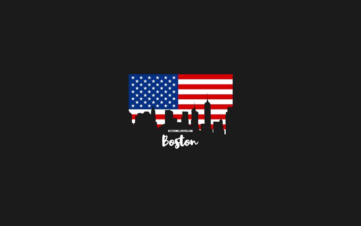 Boston, cidades americanas, silhueta do horizonte de Boston, bandeira dos EUA, paisagem urbana de Boston, bandeira americana, EUA, horizonte de Boston