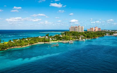 Nassau, Bahamalar, tropikal adalar, plaj, palmiye ağaçları, ada