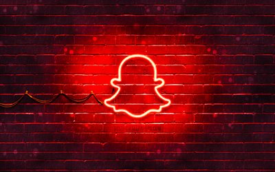 Snapchat赤ロゴ, 4k, 赤brickwall, Snapchatロゴ, ブランド, Snapchatネオンのロゴ, Snapchat