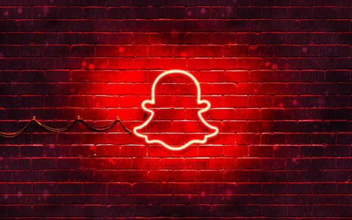 Snapchat logo rosso, 4k, rosso, brickwall, Snapchat logo, marchi, Snapchat neon logo, Snapchat