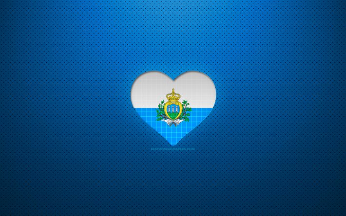 Amo San Marino, 4k, Europa, sfondo blu punteggiato, cuore bandiera San Marino, San Marino, paesi preferiti, amore San Marino, bandiera San Marino