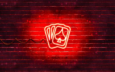 Playing Cards neon icon, 4k, red background, neon symbols, Playing Cards, neon icons, Playing Cards sign, media signs, Playing Cards icon, media icons