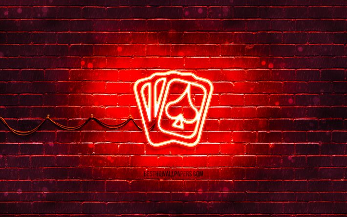 spielkarten neon-symbol, 4k, roter hintergrund, neon-symbole, spielkarten, spielkarten-zeichen, medienzeichen, spielkarten-symbol, medien-symbole
