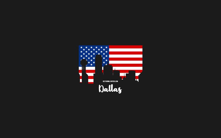 Dallas, ciudades americanas, horizonte de silueta de Dallas, bandera de Estados Unidos, paisaje urbano de Dallas, bandera estadounidense, Estados Unidos, horizonte de Dallas