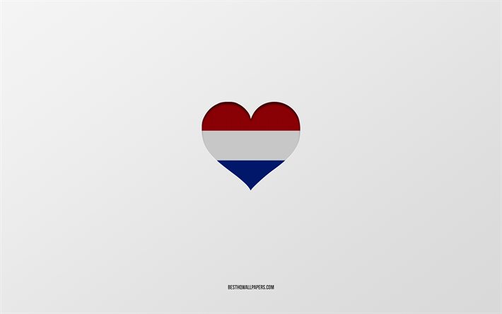 J&#39;aime les Pays-Bas, les pays europ&#233;ens, les Pays-Bas, le fond gris, le coeur du drapeau des Pays-Bas, le pays pr&#233;f&#233;r&#233;, l&#39;amour des Pays-Bas