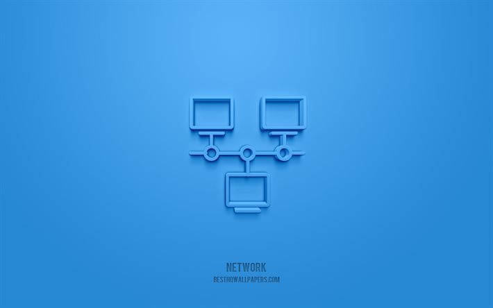 Icono de red 3d, fondo azul, s&#237;mbolos 3d, red, iconos de tecnolog&#237;a, iconos 3d, signo de red, iconos de tecnolog&#237;a 3d