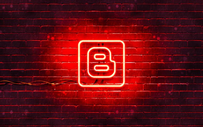 ブロガーの赤いロゴ, 4k, 赤レンガの壁, Bloggerのロゴ, ソーシャルネットワーク, ブロガーネオンロゴ, ブロガー