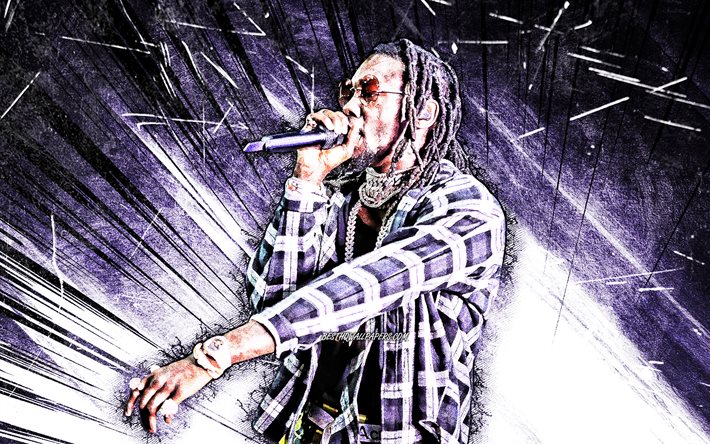4k, Offset, grunge art, american rapper, concert, music stars, Migos, Offset with microphone, violet abstract rays, Kiari Kendrell Cephus, american celebrity, Offset 4K
