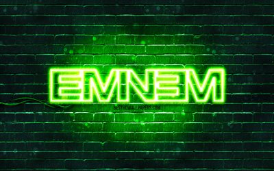 Eminem yeşil logo, 4k, superstars, Amerikan rap&#231;i, yeşil brickwall, Eminem logosu, Marshall Bruce Mathers III, Eminem, m&#252;zik yıldızları, Eminem neon logosu