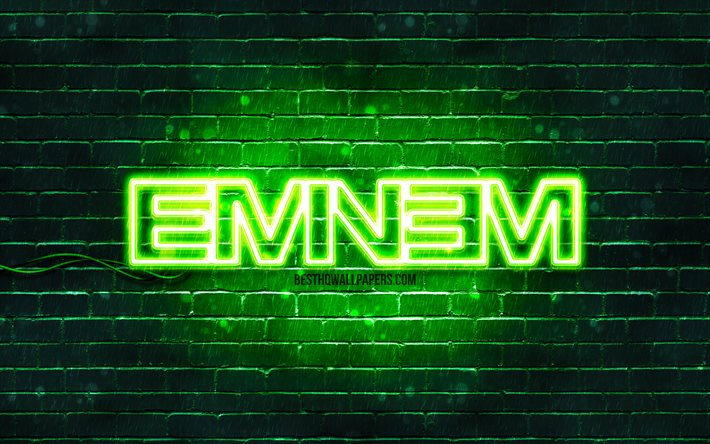Eminemin vihre&#228; logo, 4k, supert&#228;hdet, amerikkalainen r&#228;pp&#228;ri, vihre&#228; tiilisein&#228;, Eminemin logo, Marshall Bruce Mathers III, Eminem, musiikkit&#228;hdet, Eminem neon logo