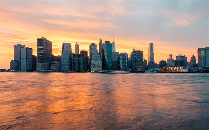 Manhattan, New York, sera, tramonto, Paesaggio urbano di New York, grattacieli di New York, Stati Uniti