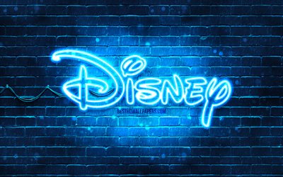 Disney blue logo, 4k, blue brickwall, Disney logo, artwork, Disney neon logo, Disney
