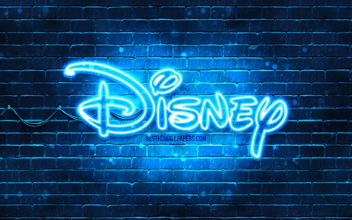Logo bleu Disney, 4k, mur de briques bleu, logo Disney, œuvres d’art, logo n&#233;on Disney, Disney