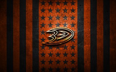 Anaheim Ducks flag, NHL, orange black metal background, american hockey team, Anaheim Ducks logo, USA, hockey, golden logo, Anaheim Ducks